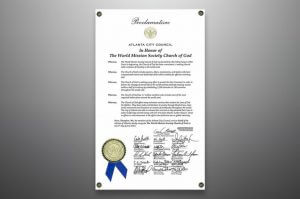 image of proclamation presented to the World Mission Society Church of God by Atlanta City Council