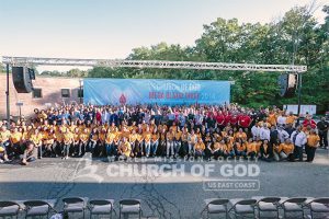 Group photo of World Mission Society Church of God volunteers and blood center staff after Mega Blood Drive 2014 in Mahwah, NJ