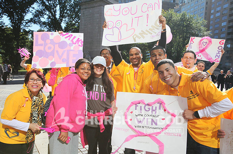 WMSCOG, World Mission Society Church of God, Chruch of God, Yellow shirts, cheering, volunteering, smile campaign, breast cancer awareness, avon, avon breast cancer walk, pink, fight cancer