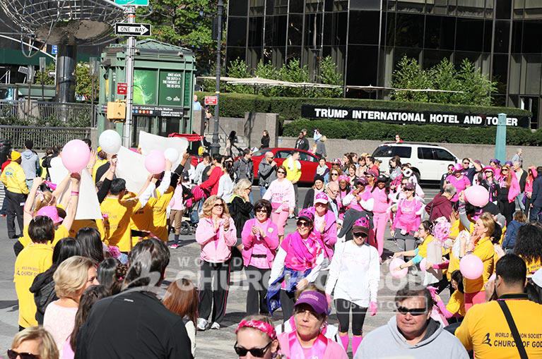 WMSCOG, World Mission Society Church of God, Chruch of God, Yellow shirts, cheering, volunteering, smile campaign, breast cancer awareness, avon, avon breast cancer walk, pink, fight cancer, nyc