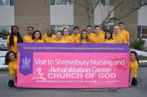 Group photo of World Mission Society Church of God volunteers after Shrewsbury Nursing and Rehabilitation Center visit