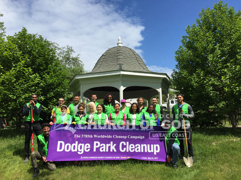 Group photo of World Mission Society Church of God volunteers after Dodge Park cleanup in Boston