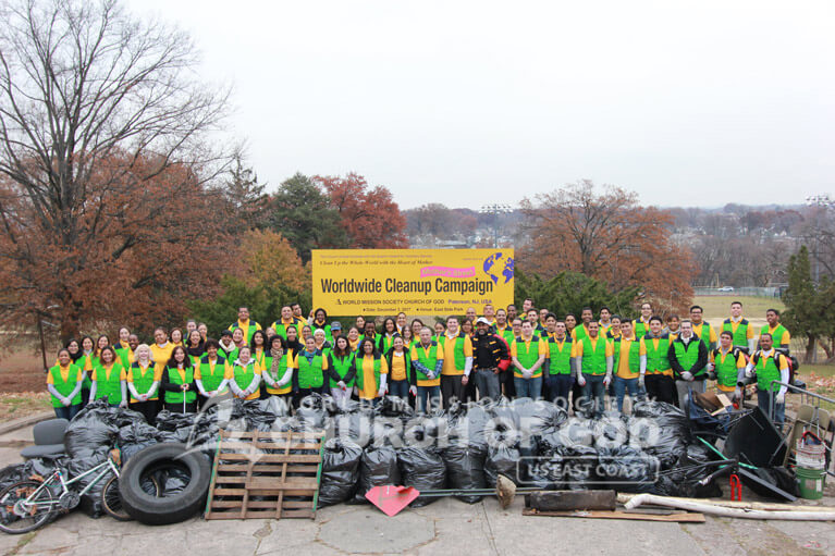 Group photo of World Mission Society Church of God volunteers after Mothers Street cleanup in Paramus, NJ