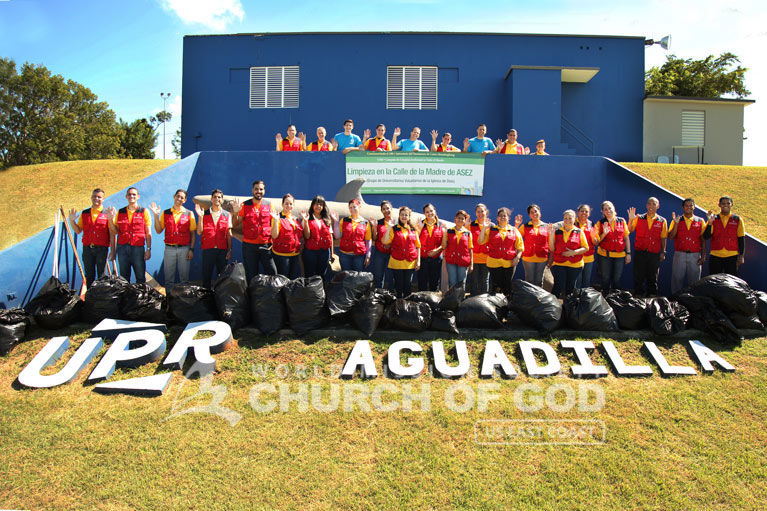 Group photo of ASEZ volunteers from the World Mission Society Church of God after Mothers Street cleanup at the University of Puerto Rico in Aguadilla