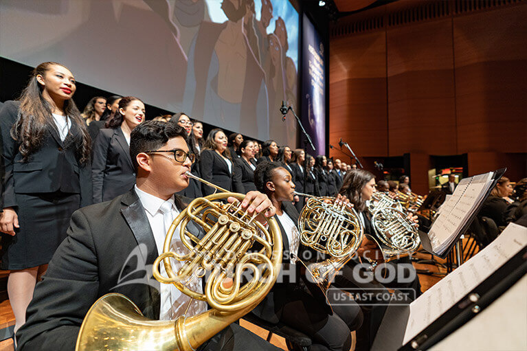 French horns playing during the ASEZ concert at the Lincoln Center